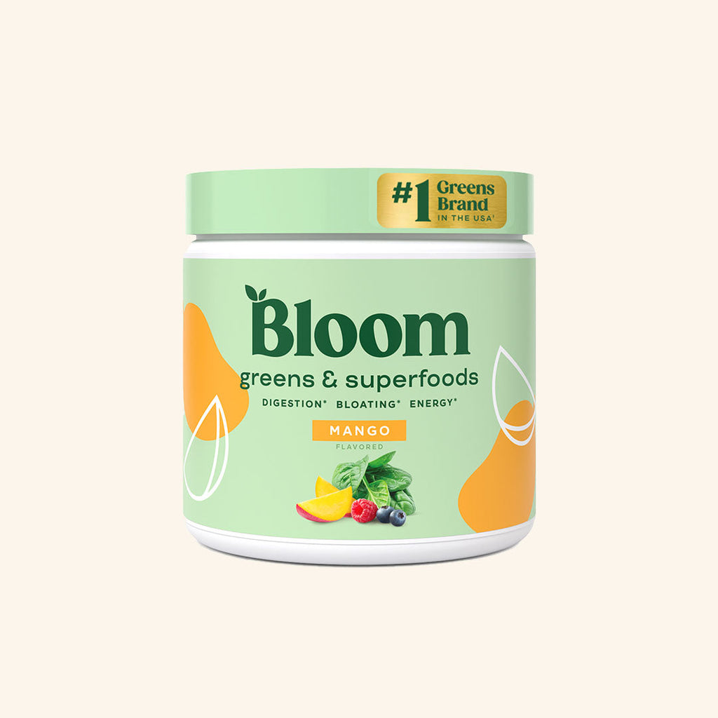 Bloom Greens & Superfoods Mango flavor jar with #1 Greens Brand in the USA badge on cream background